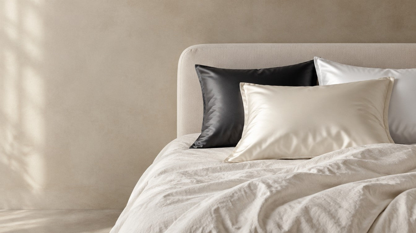 Charcoal, Champagne and Pearl White satin pillowcases on a linen bed