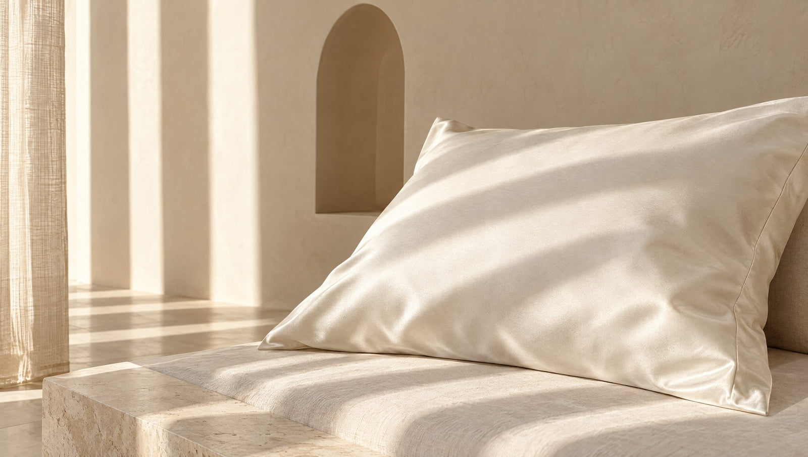 Champagne satin pillowcase by an arched niche