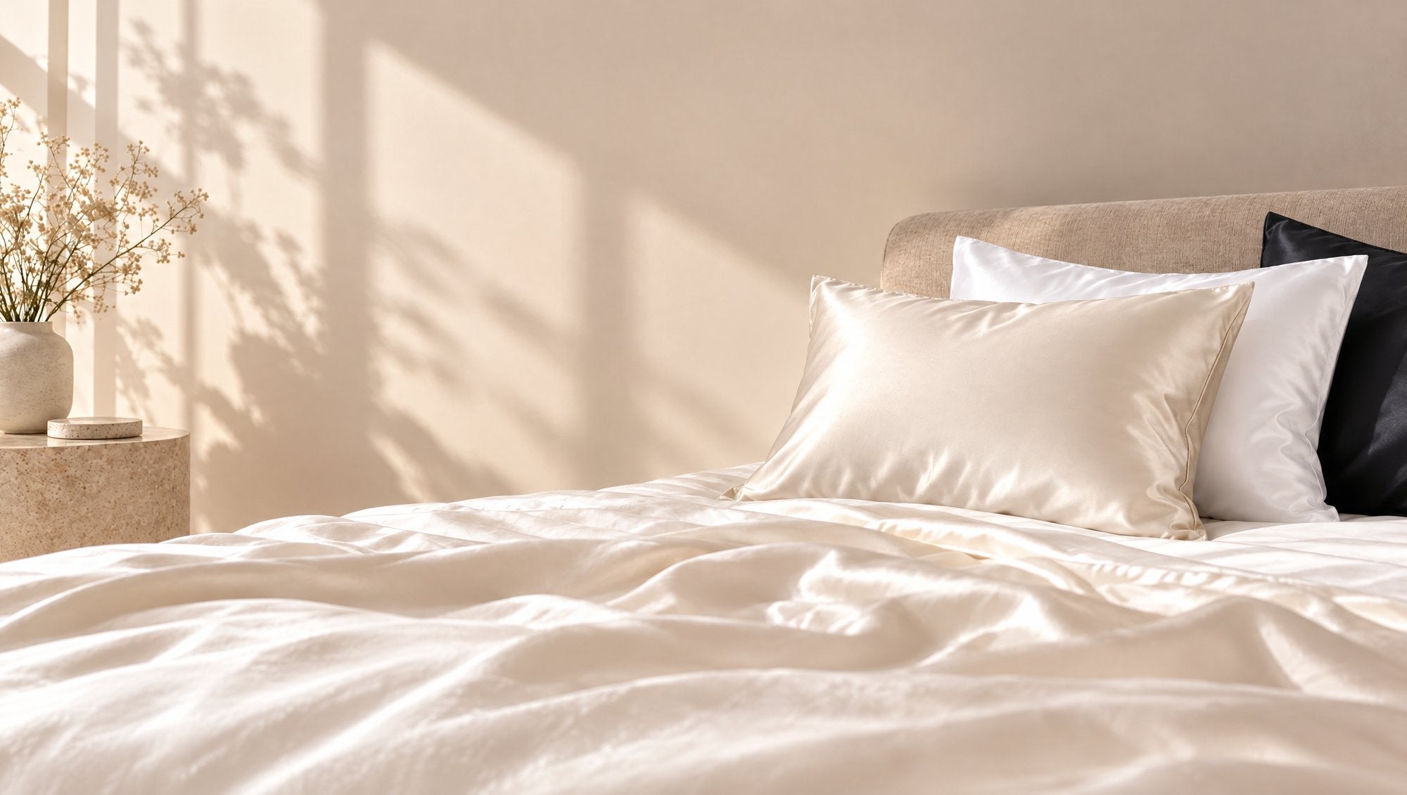 Champagne, Pearl White and Charcoal satin pillowcases on a sunlit bed