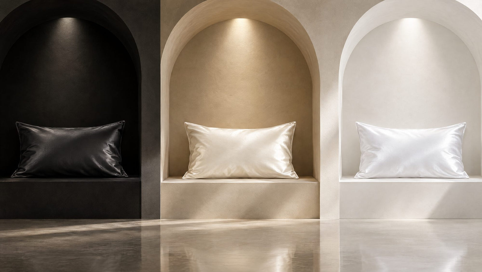 Charcoal, Champagne and Pearl White satin pillowcases in three arches