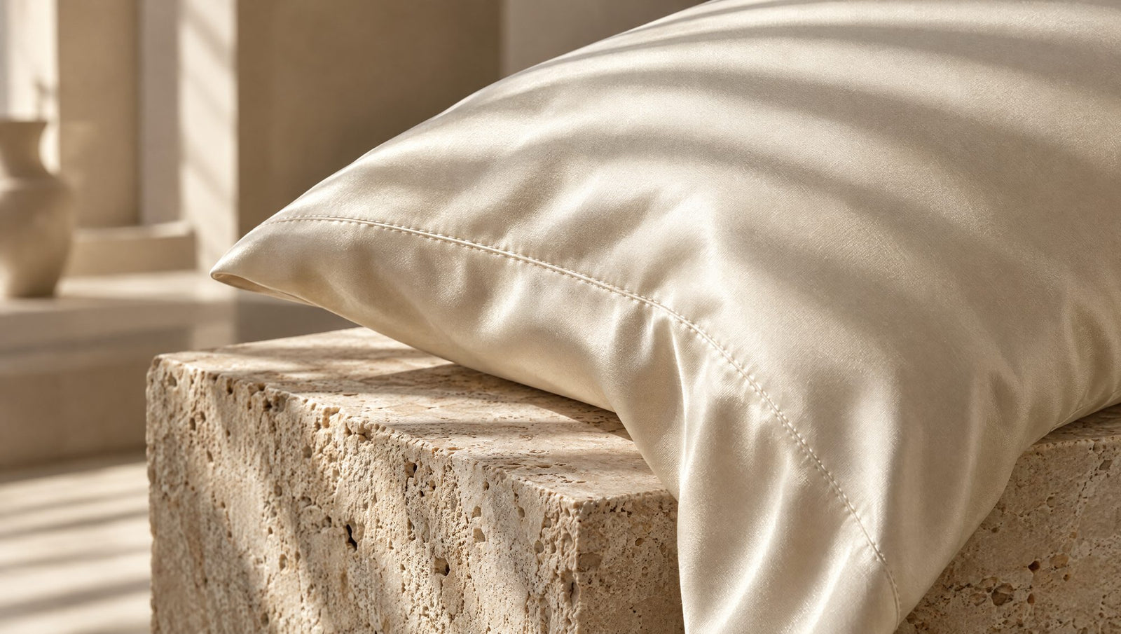 Champagne satin pillowcase resting on travertine
