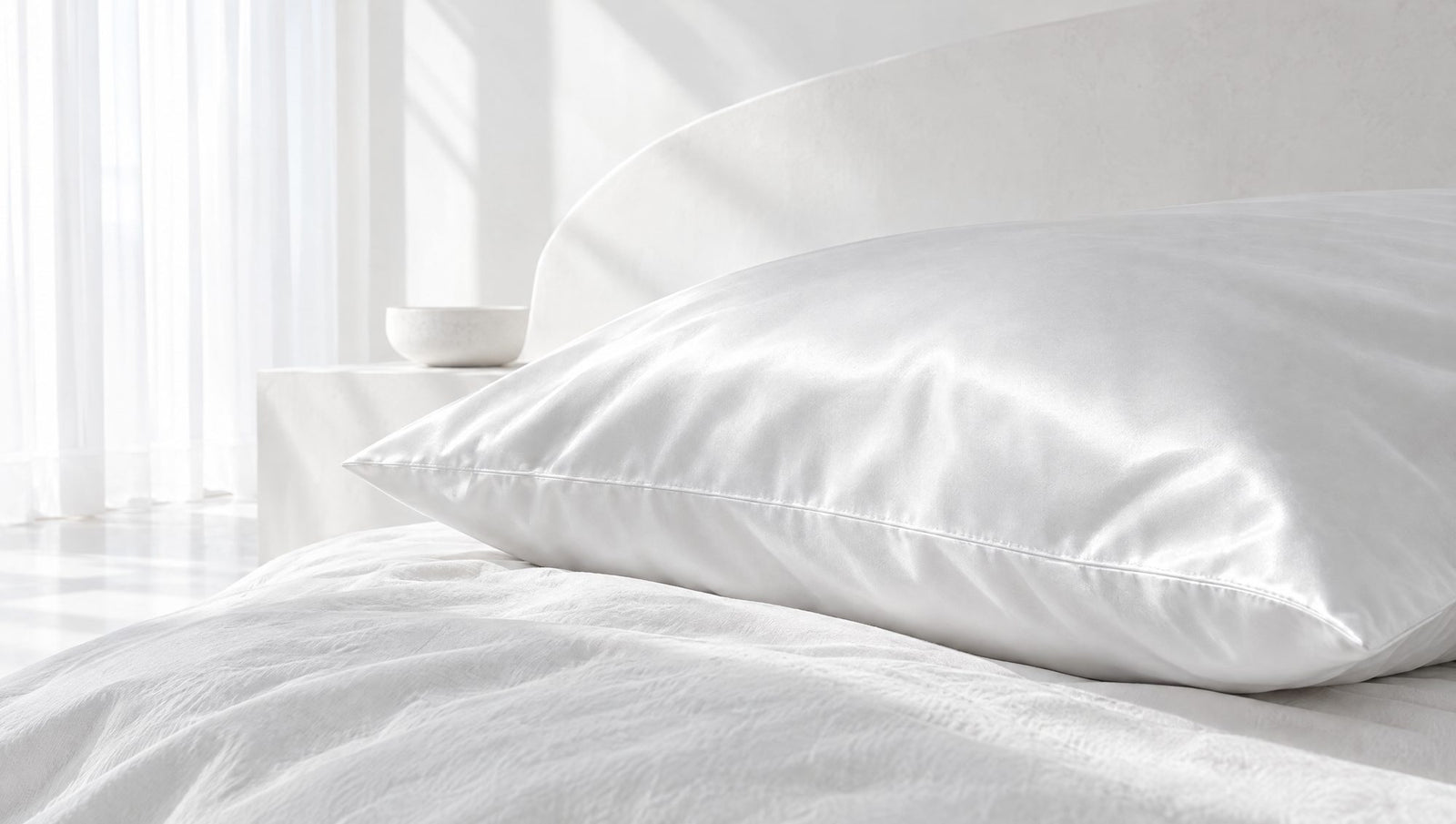 Pearl White satin pillowcase on a white bed