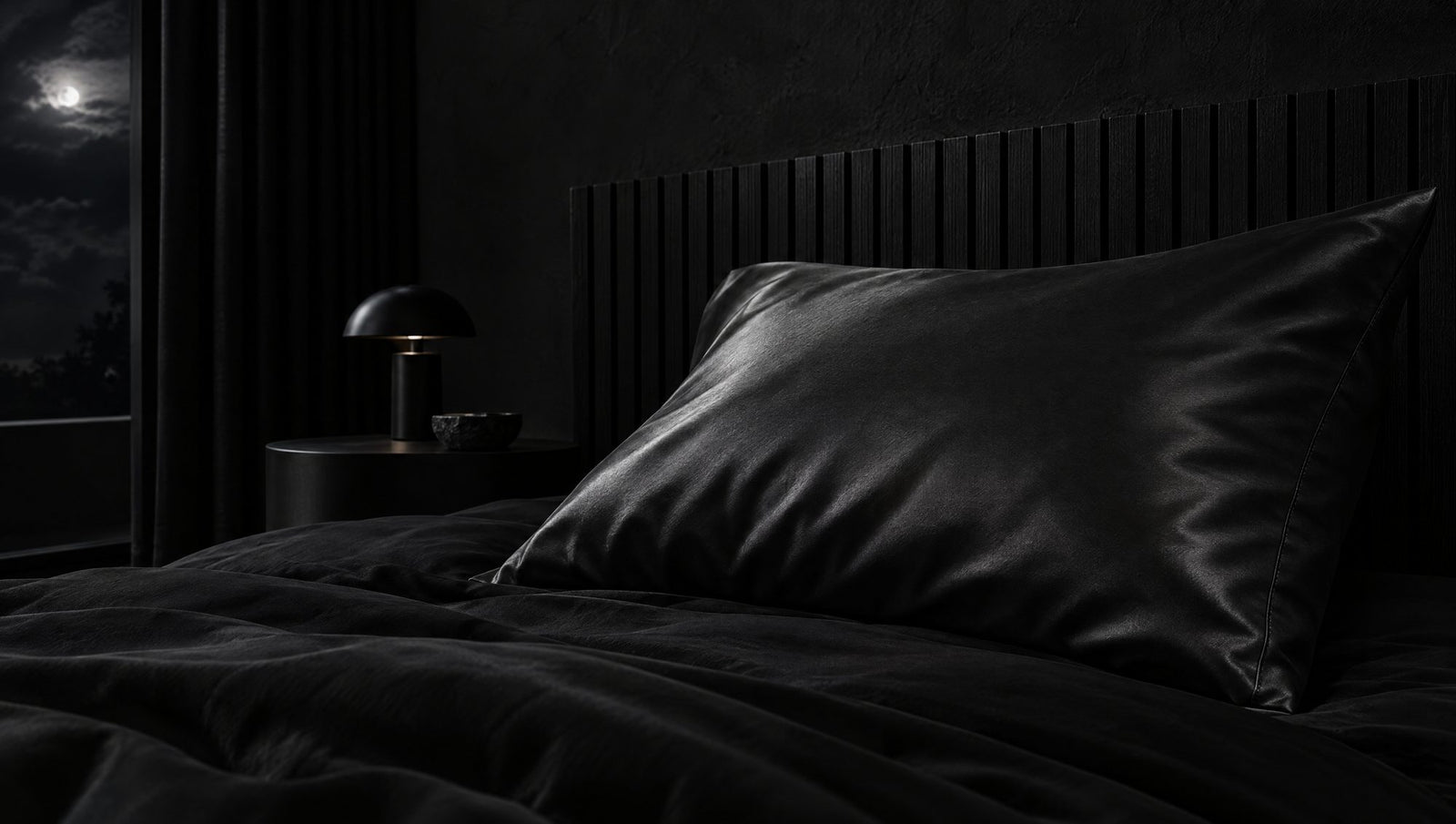 Charcoal satin pillowcase in a dark bedroom at night